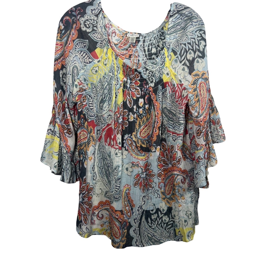 Spense Womens XL Paisley Floral Blouse Smocked Neck Tiered Bell Sleeve Colorful
